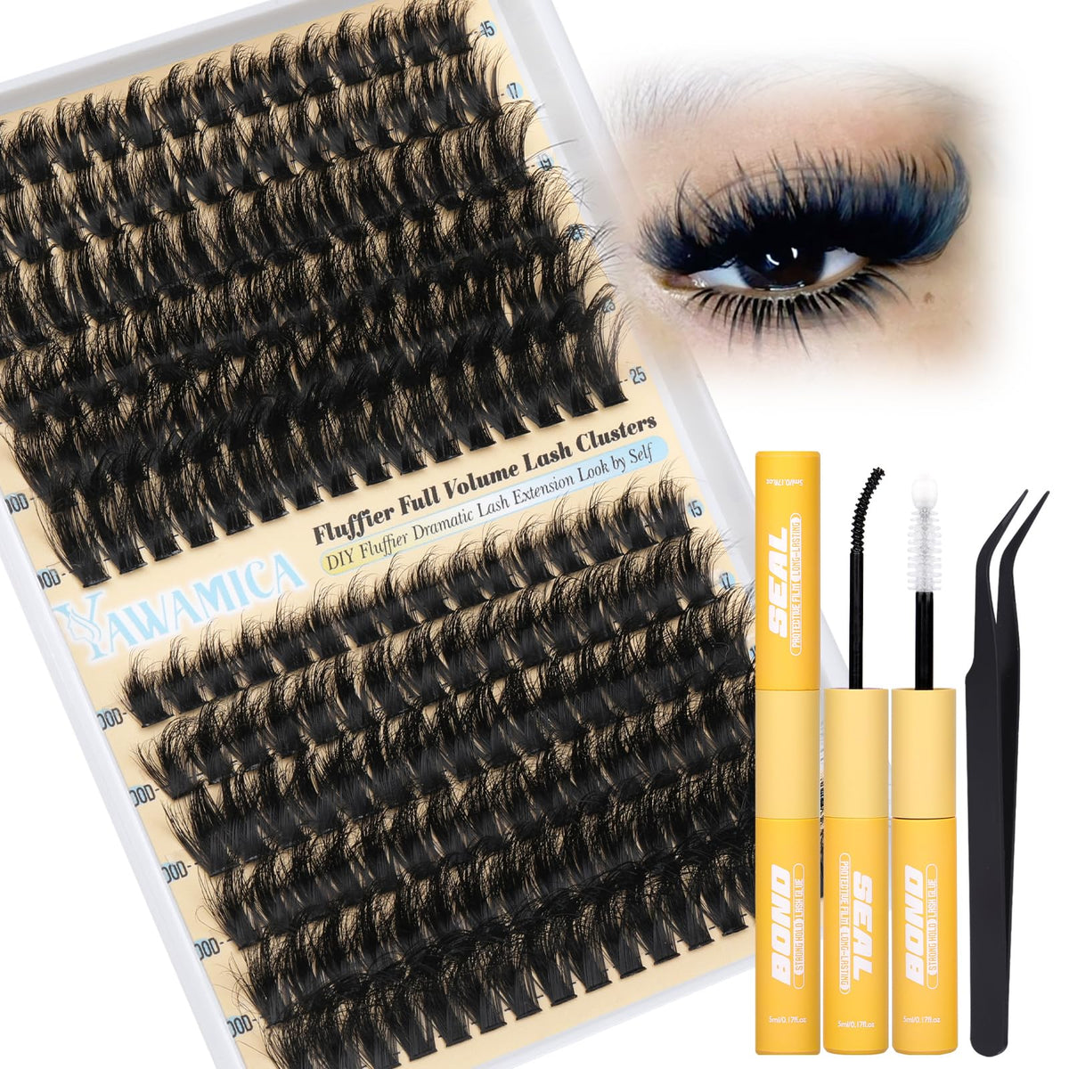 Yawamica Lash Clusters Kit packaging signals professional DIY lash results at home.