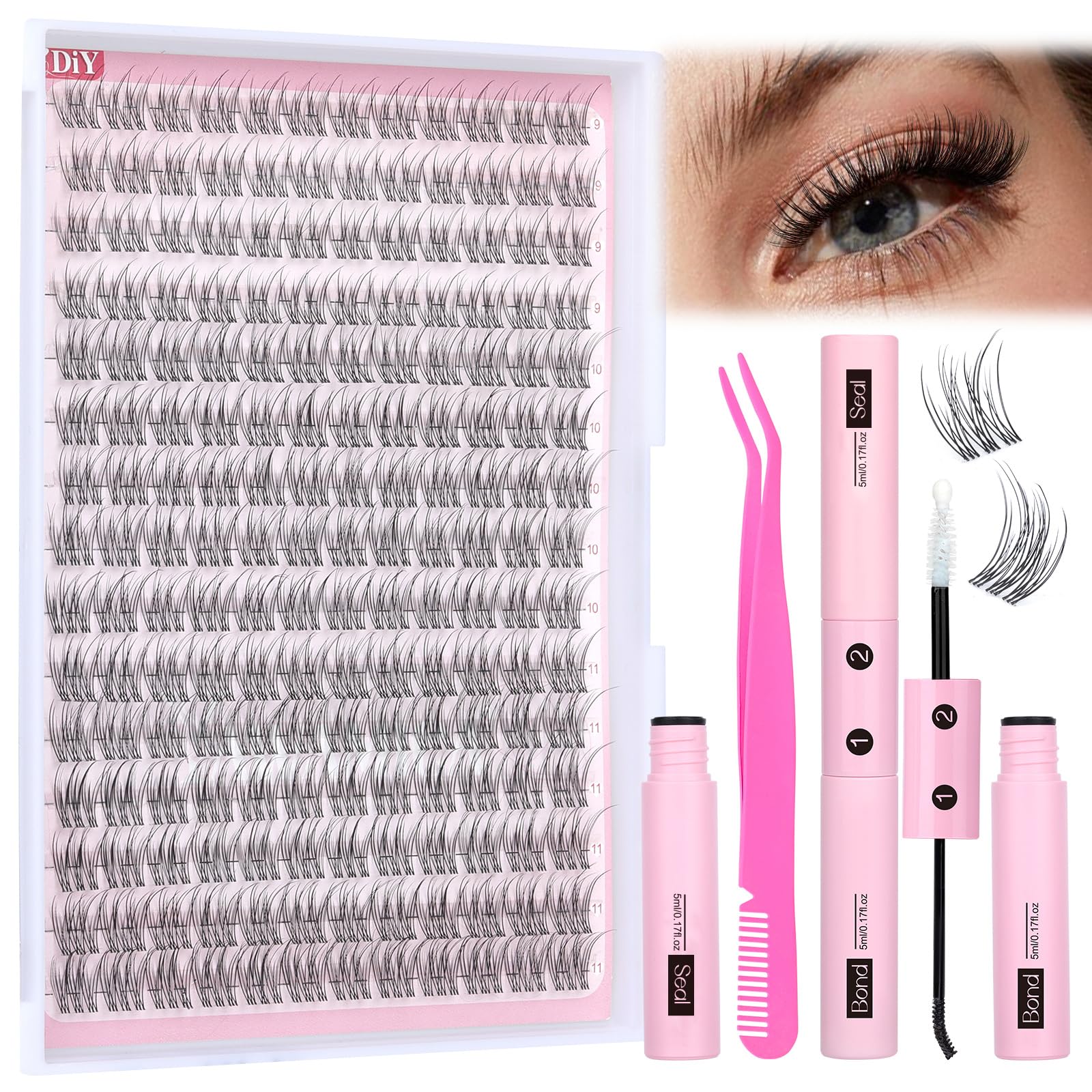 Yawamica natural lash extension kit 180pcs clusters close-up for easy at-home DIY lash look