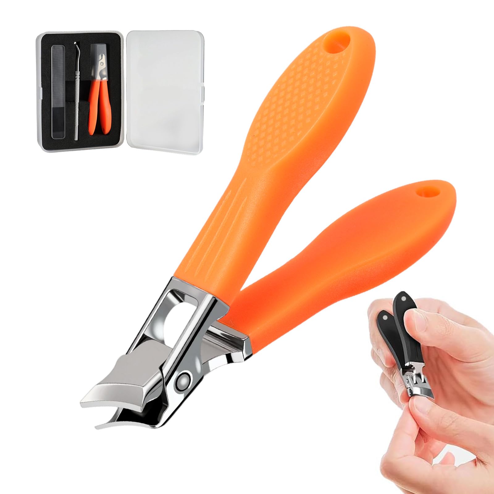 Yawota wide jaw opening anti-splash slanted nail clipper enables clean trimming of thick nails.