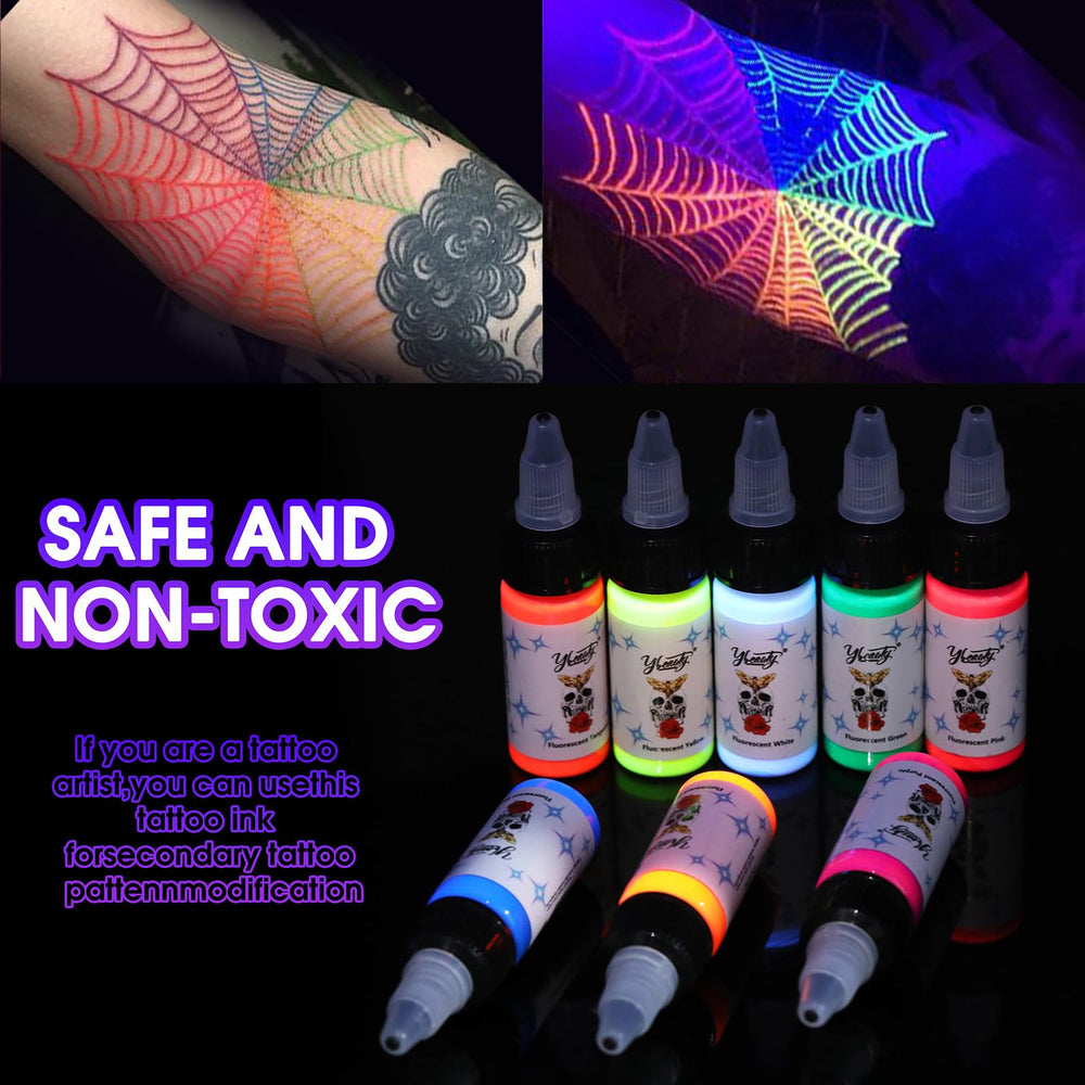 Ybeauty tattoo ink set purple fluorescent enhances neon under UV light.
