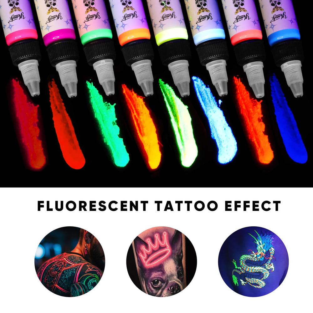 Ybeauty tattoo ink set red fluorescent bright daytime color and UV sparkle.