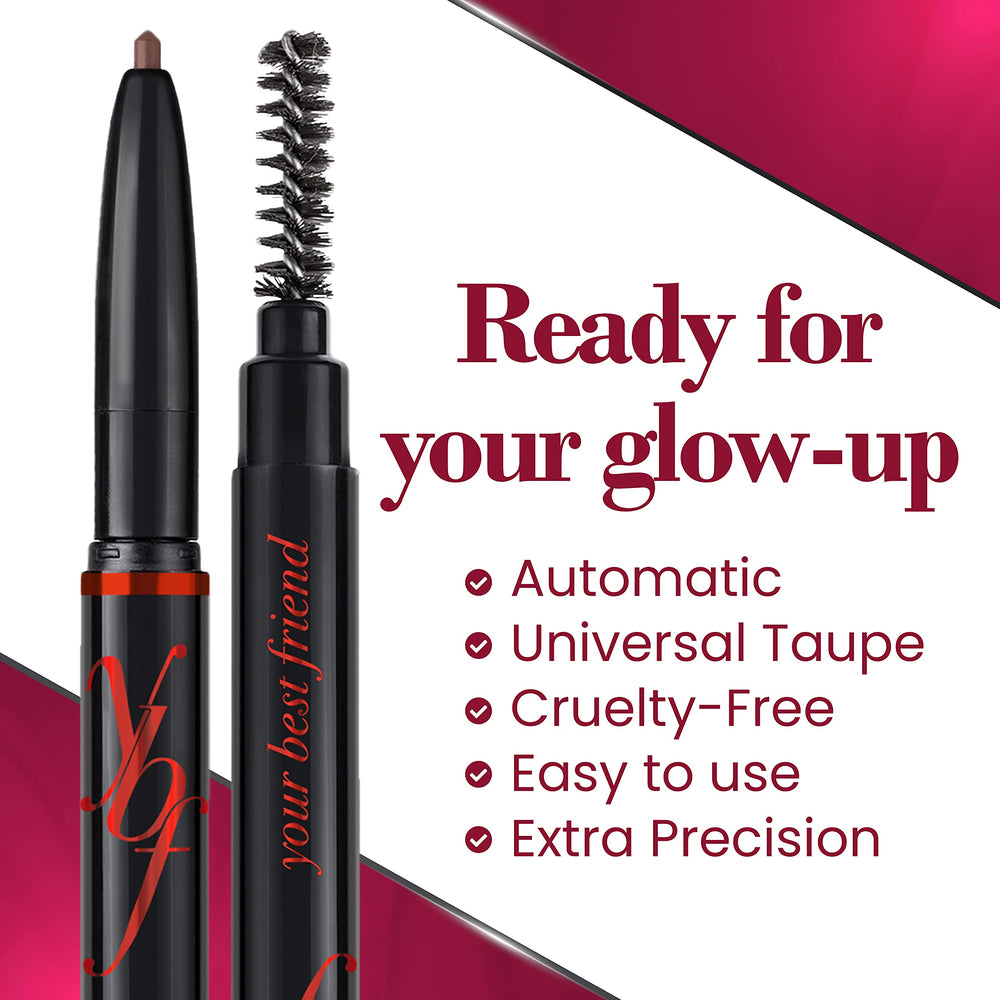 YBF Beauty eyebrow pencil taupe close-up showing precise hair-like strokes.
