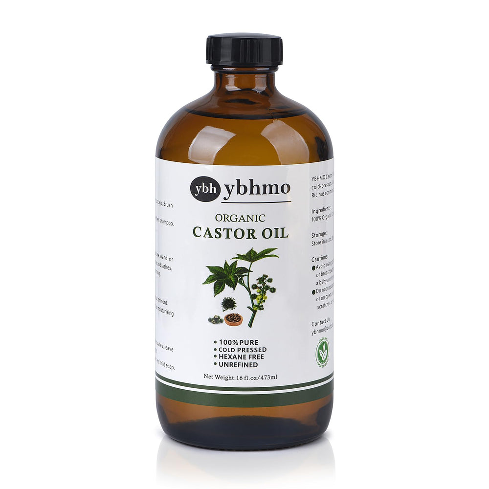 YBHMO cold pressed castor oil in amber bottle supports hair and skin care