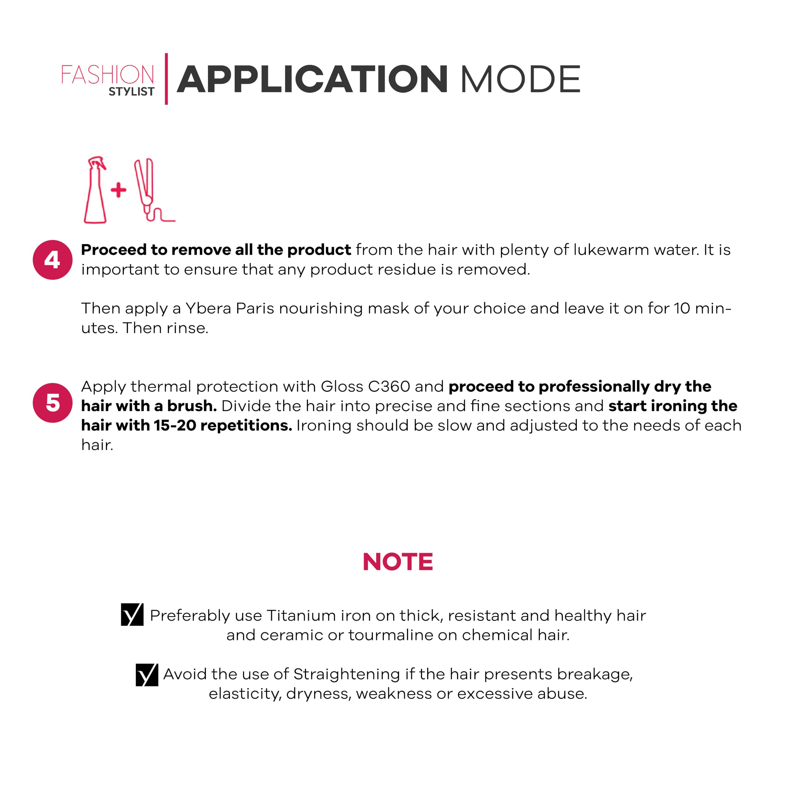 YBERA PARIS professional application guide image indicates expert-use and tailored heat action.