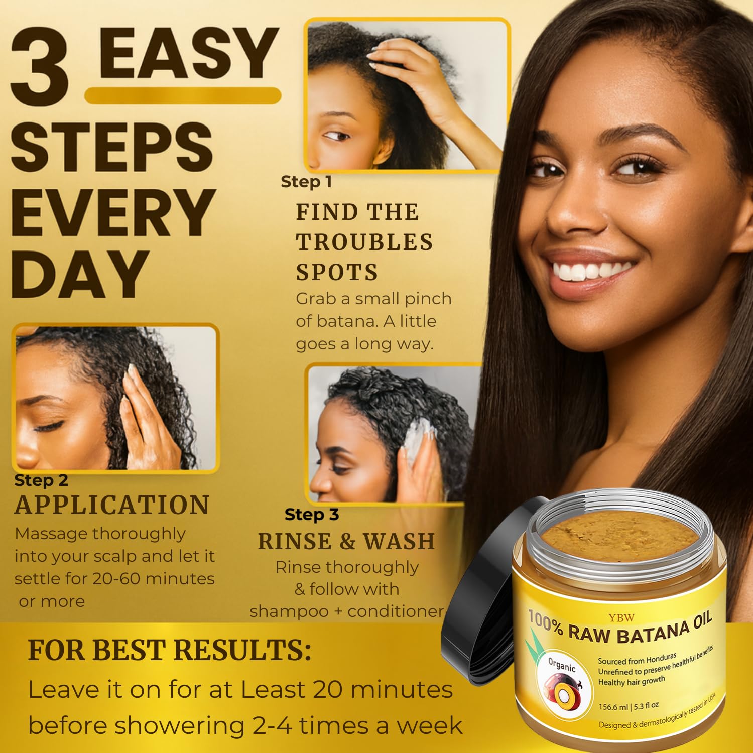 YBW Batana Oil application on hair for conditioning and shine