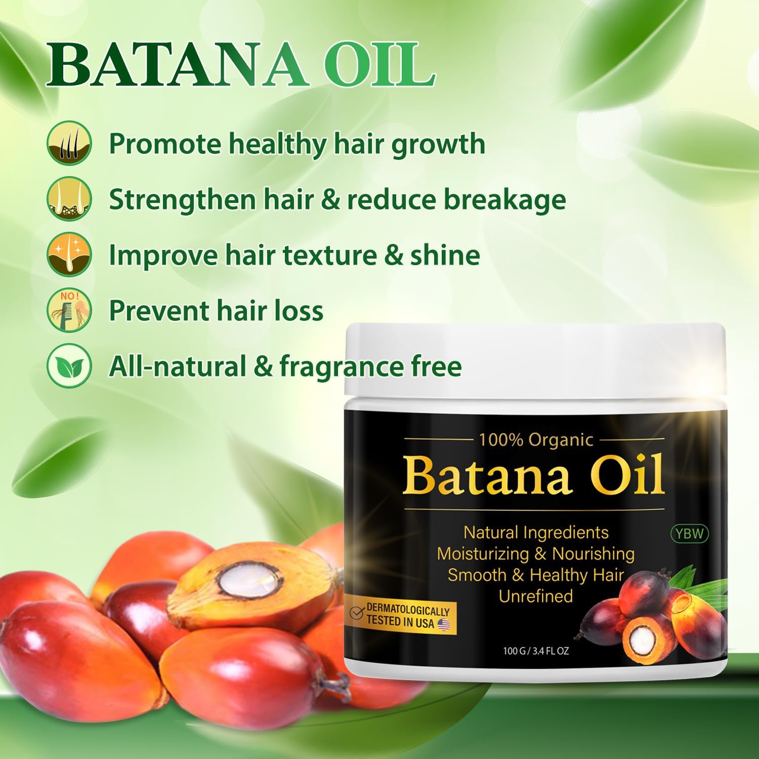 YBW Batana Oil packaging highlights 100% pure and natural formula.