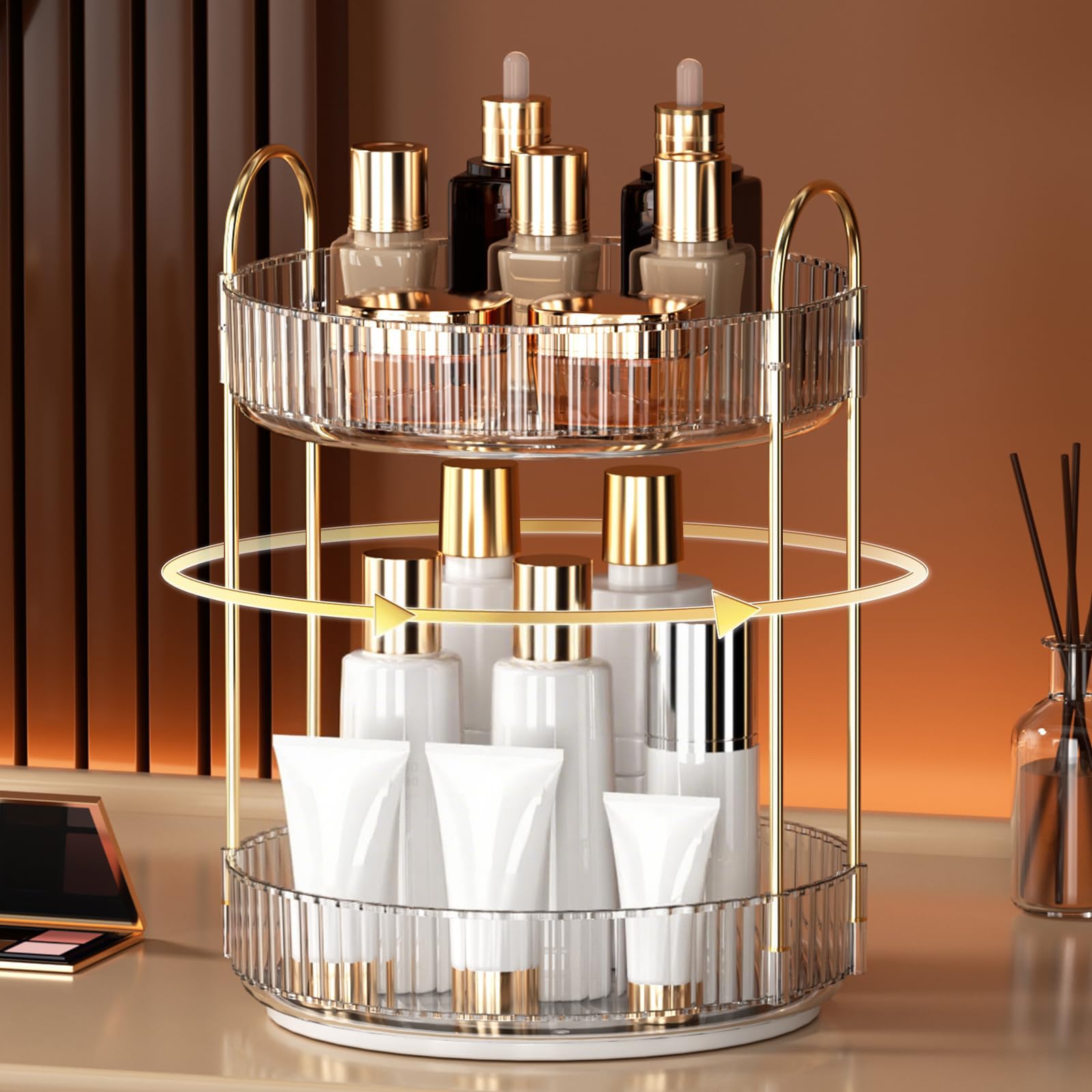 YCIA&DONE 360 rotating makeup organizer side view shows stable base and smooth spin