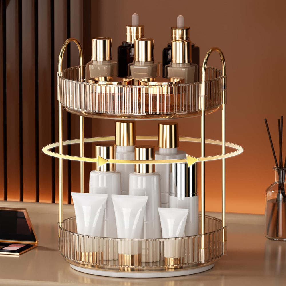 YCIA&DONE two-tier vanity organizer amber gold demonstrates organized storage