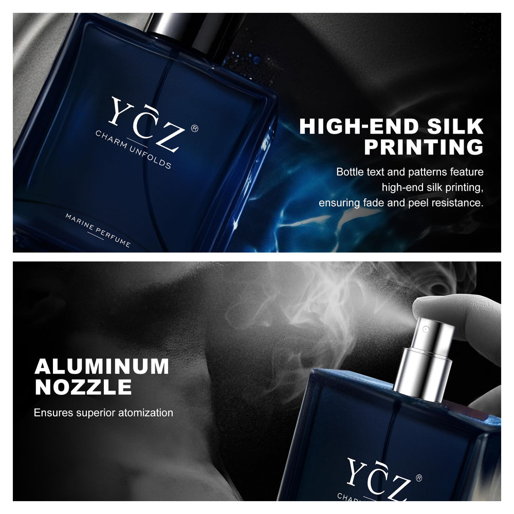 YCZ Charm Unfolds luxurious navy bottle and box packaging on display.