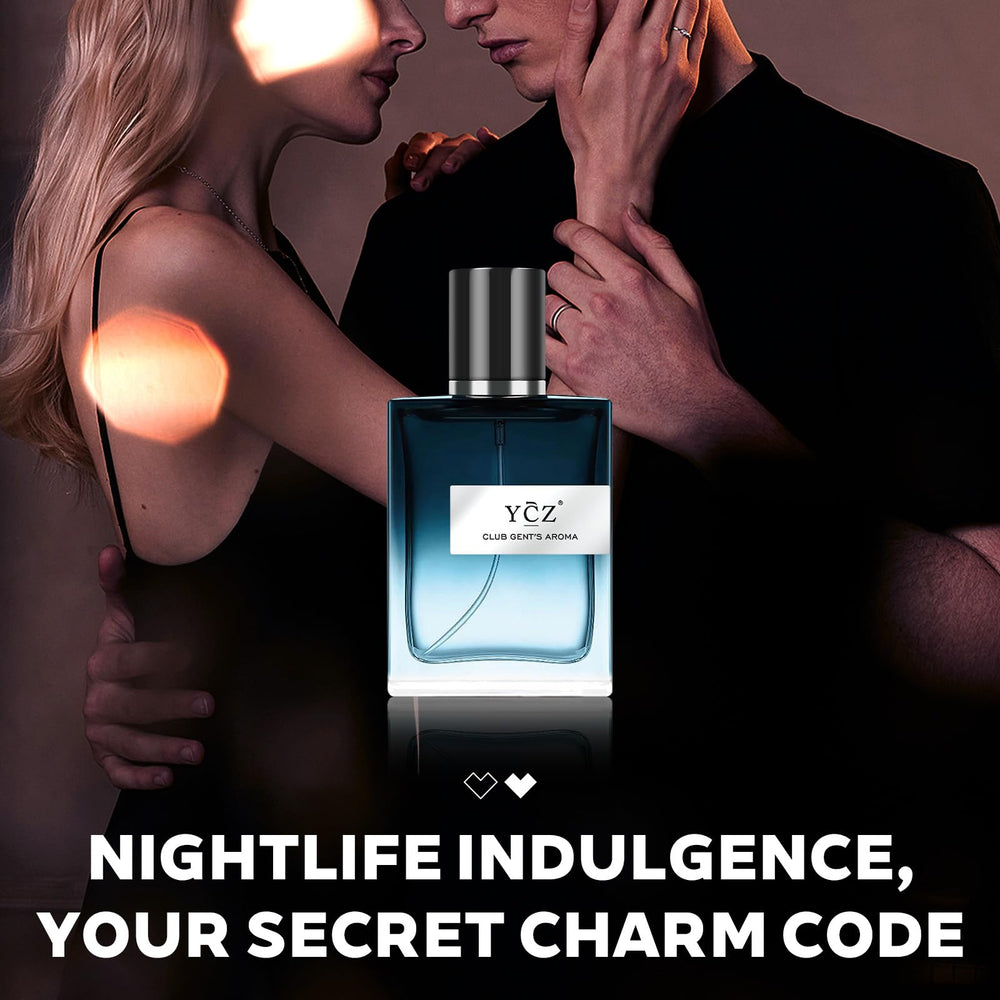 Ycz Club Gent's Aroma glass bottle catches light, hinting at long-lasting fragrance through hours