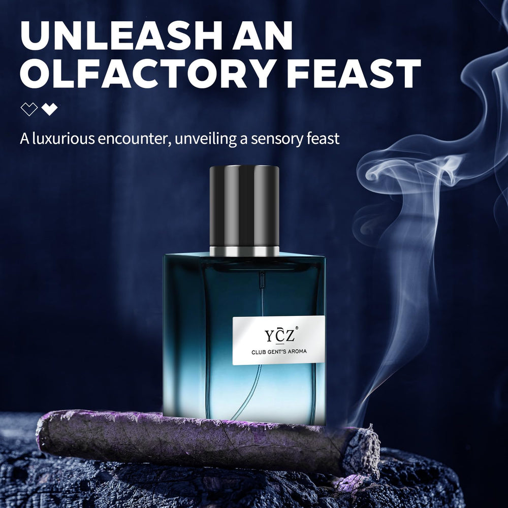 Ycz Club Gent's Aroma packaging showcases black box and blue-glass bottle signaling elegant gifting