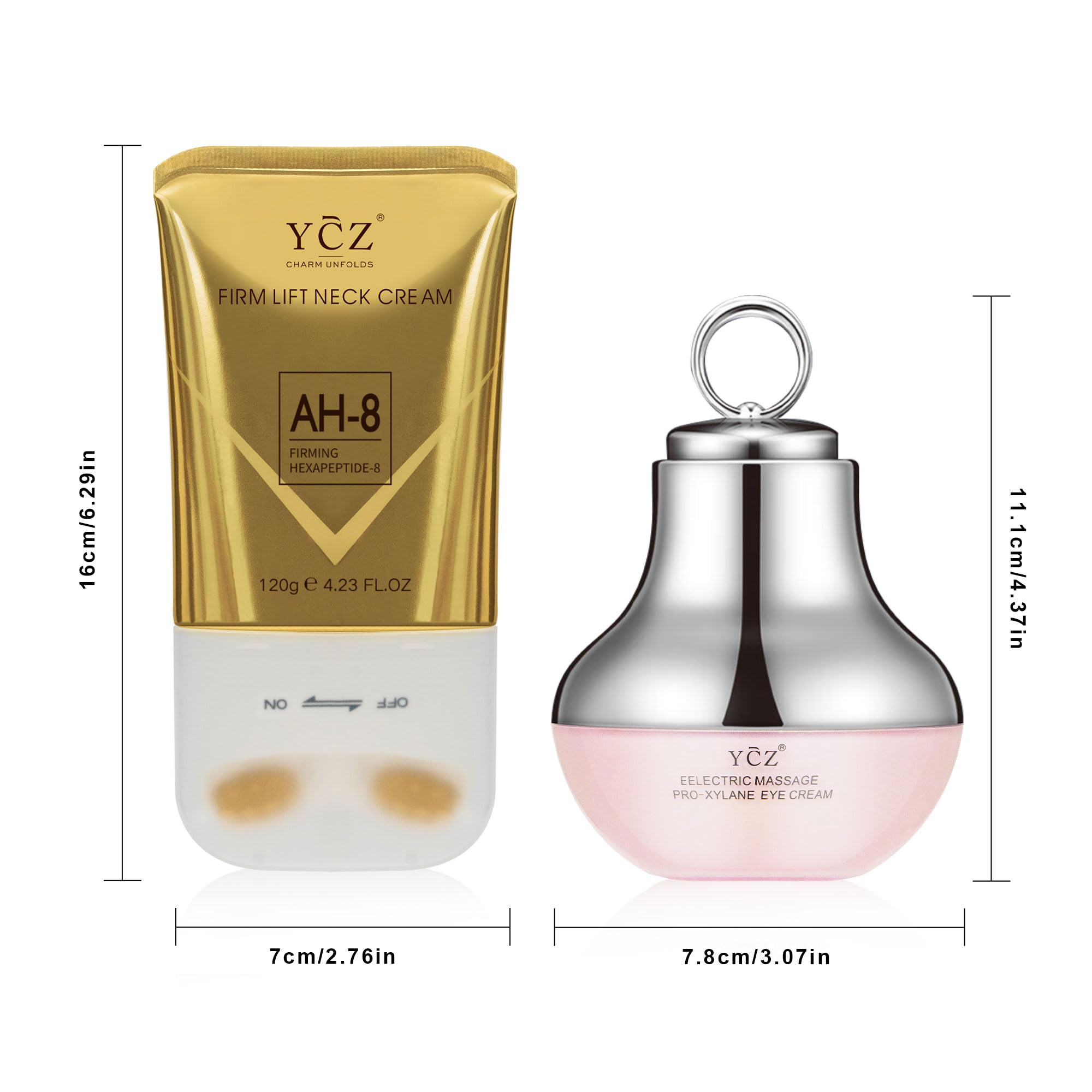 YCZ Neck-Eye Care Tightening Set in-use scene demonstrates a full facial-neck skincare routine.