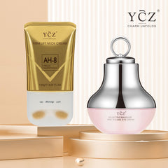 YCZ Neck-Eye Care Tightening Set moisturizer dispensing shot emphasizes deep hydration for refreshed skin.