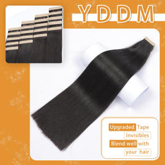 YDDM tape-in extensions 14inch invisible-tape close-up demonstrates discreet wear and scalp comfort