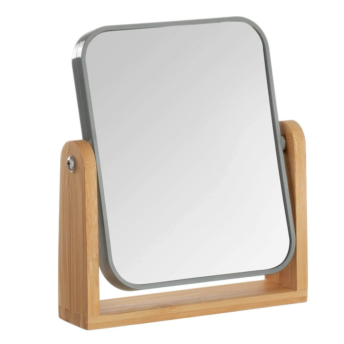 YEAKE double sided magnifying mirror on bamboo stand for precise makeup application.