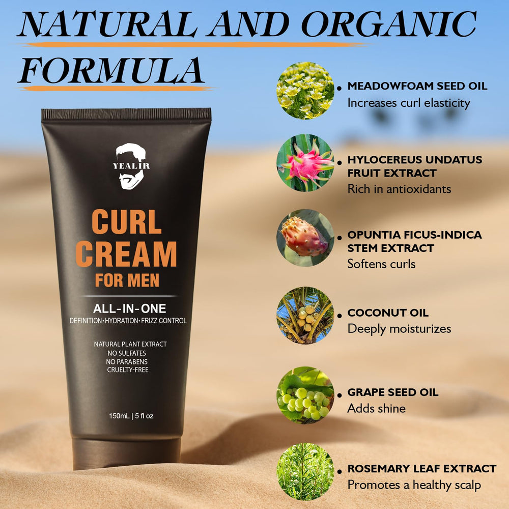 YEALIR Woodsy scented curl cream evokes masculine grooming experience.