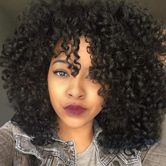 YEAME curly wig natural black bangs closeup shows soft texture for daily wear