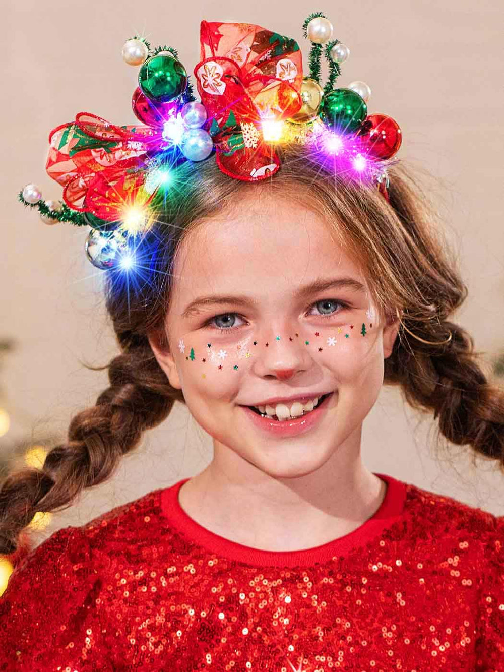 Yean Christmas Balls Headband front view with red bow for festive styling.