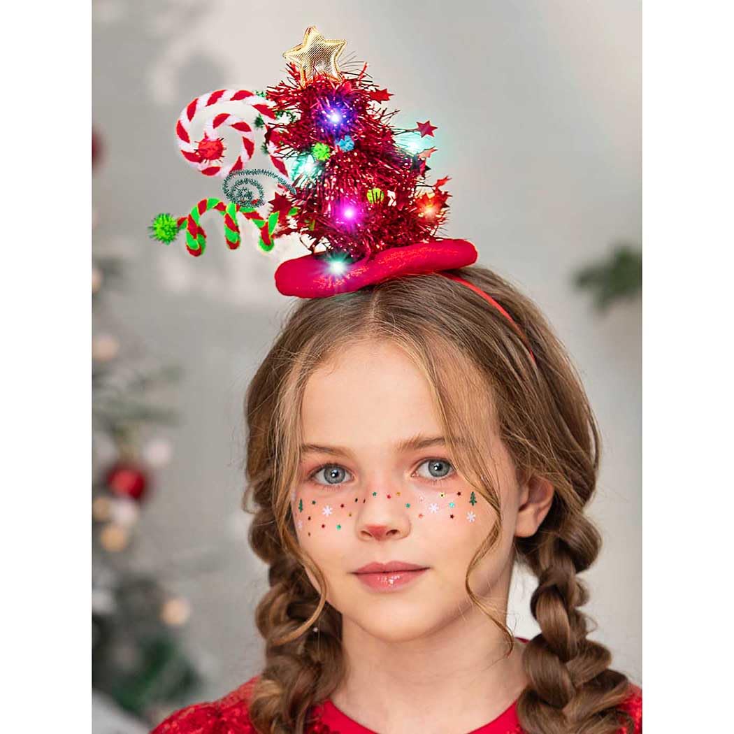 Yean Christmas Tree Headband Green Flash material closeup highlights soft, comfortable wearable design.