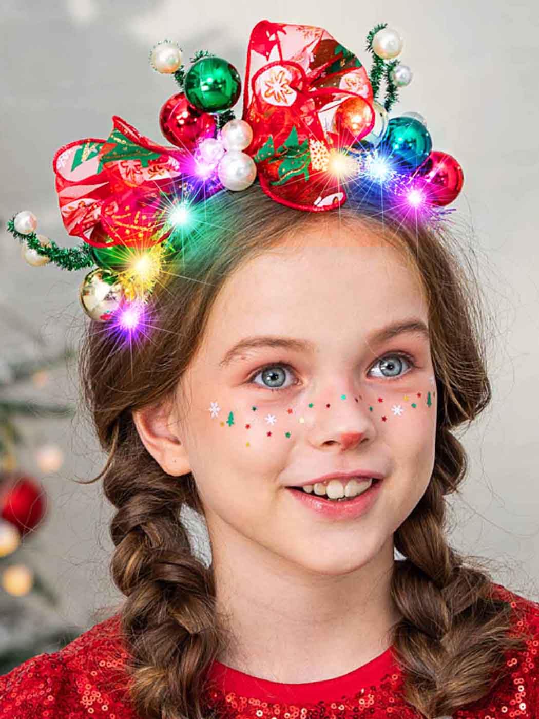 Yean LED-lit Christmas headband close-up showing bright color accents.