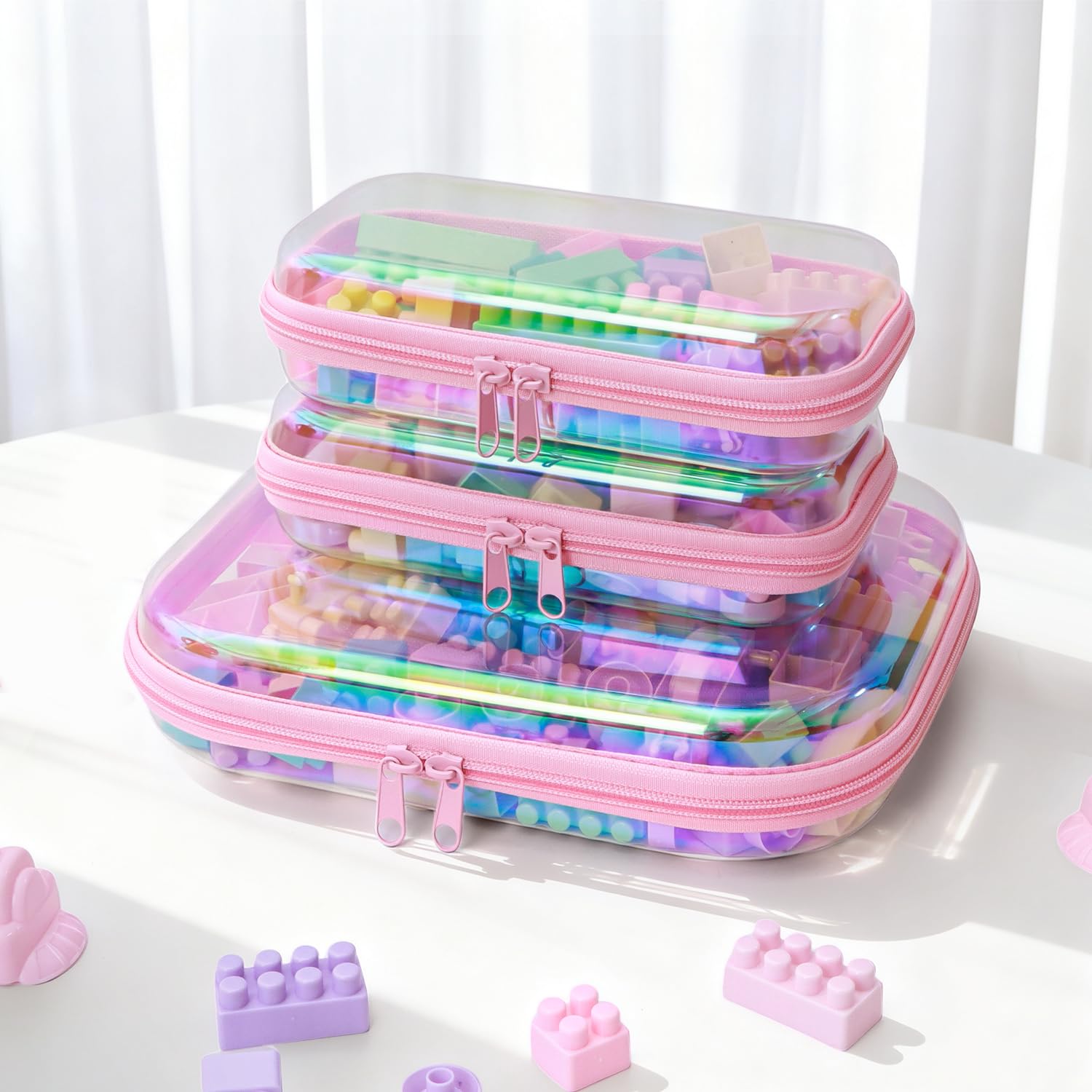 YEANIEGUOGI clear hard shell case pink 3pcs zipper detail shows durable portable organizer.