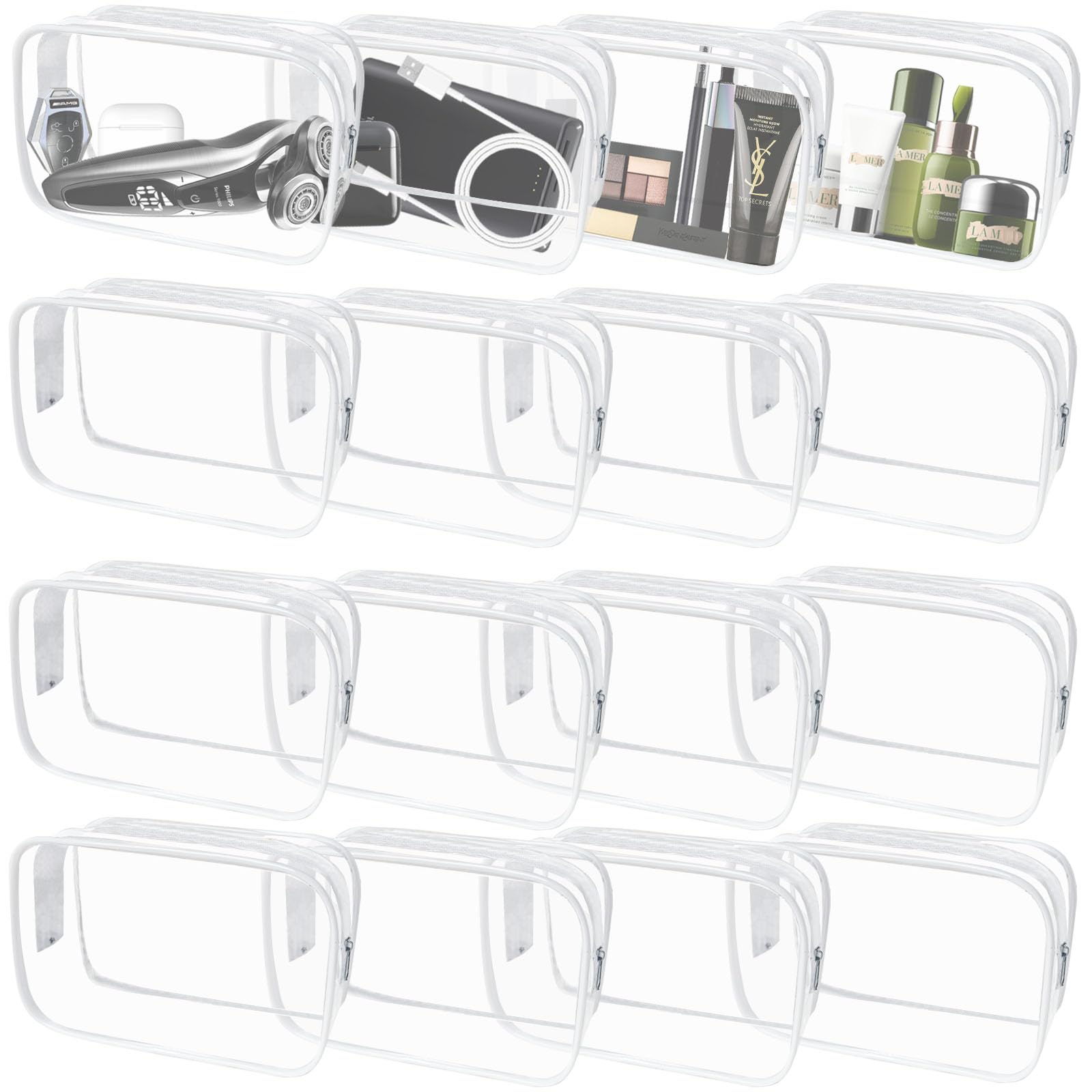 YedsIntu 16-piece clear makeup bags provide quick item visibility for fast packing.