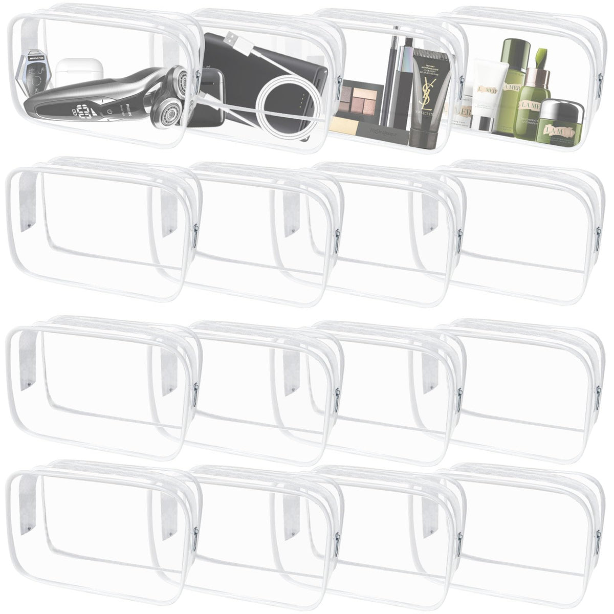 YedsIntu 16-piece clear makeup bags provide quick item visibility for fast packing.