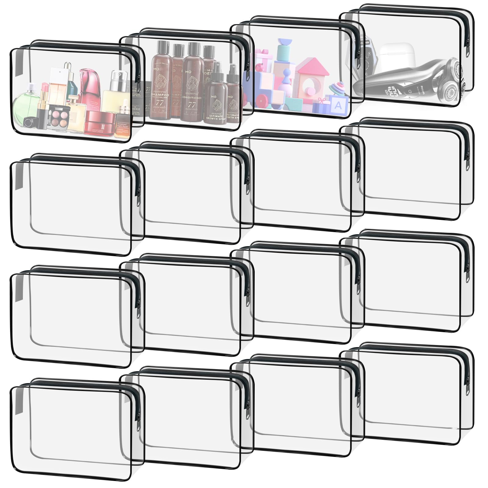 YedsIntu 16-pack clear cosmetic bags organize travel toiletries neatly.