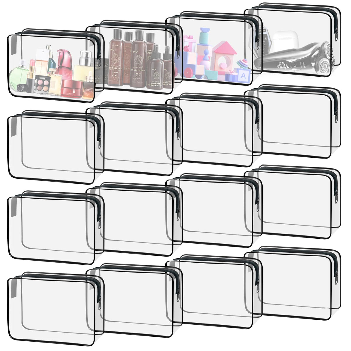 YedsIntu 16-pack clear cosmetic bags organize travel toiletries neatly.