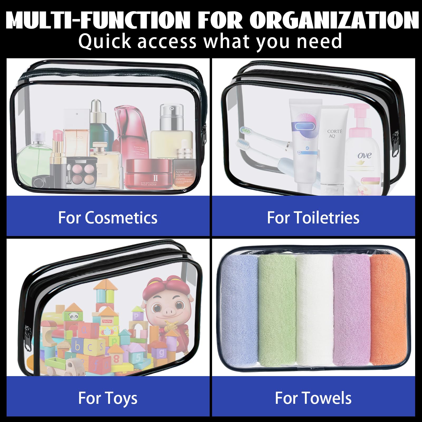 YedsIntu multiuse clear bags store cosmetics, towels, or small items.