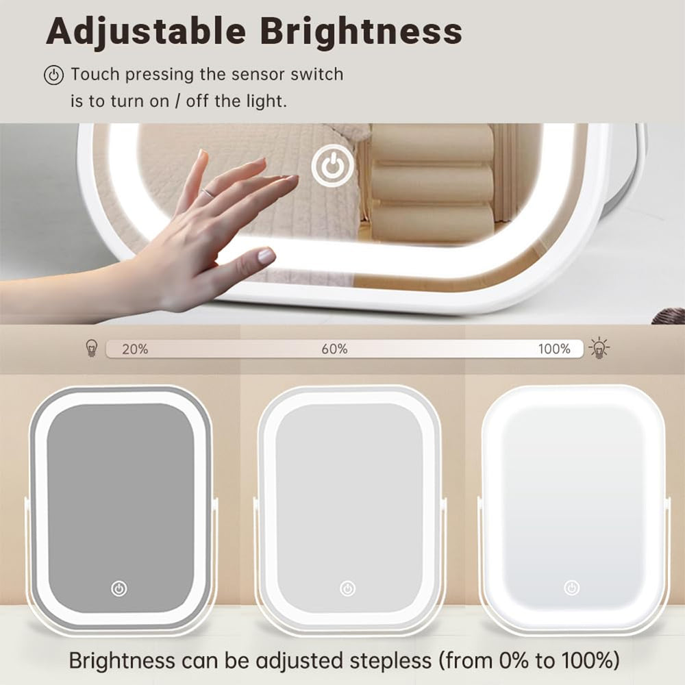 YEKKOPT travel makeup mirror with lights dimmable touch control to customize brightness for various tasks.