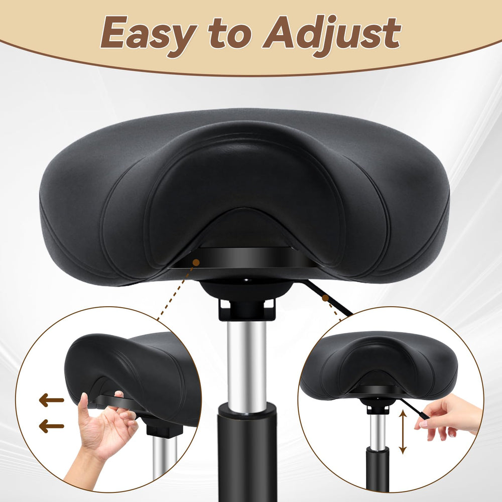 YEEZEE Saddle Stool offers wide seat for comfortable seating.