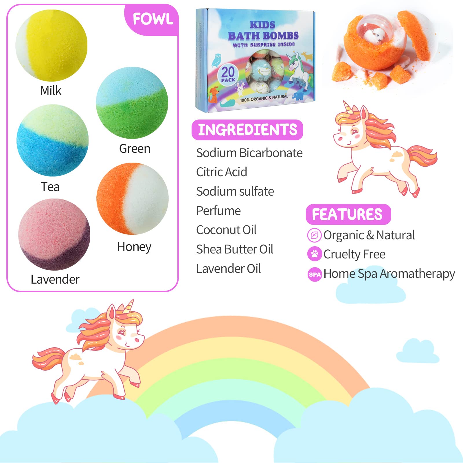 Dissolving in tub reveals color and scent for a fun bath experience