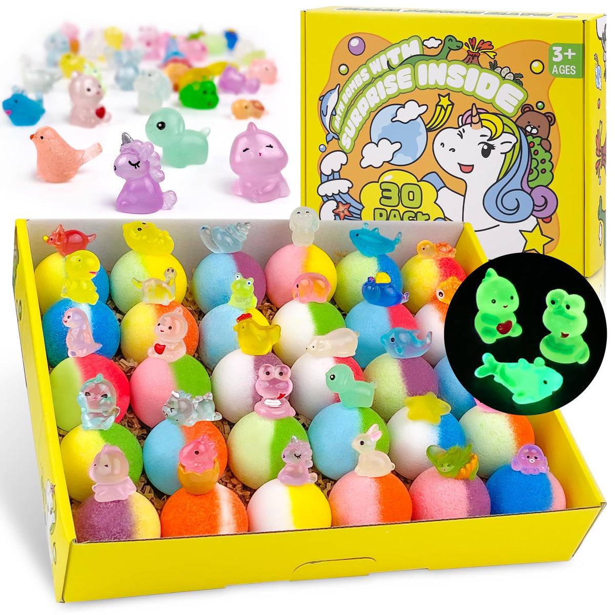 Yekery bath bombs with toy inside glow in the dark during bath time.