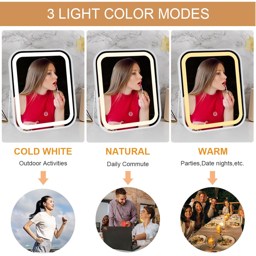 YEKKOPT lighted makeup mirror touch screen with three color lighting for versatile setups.