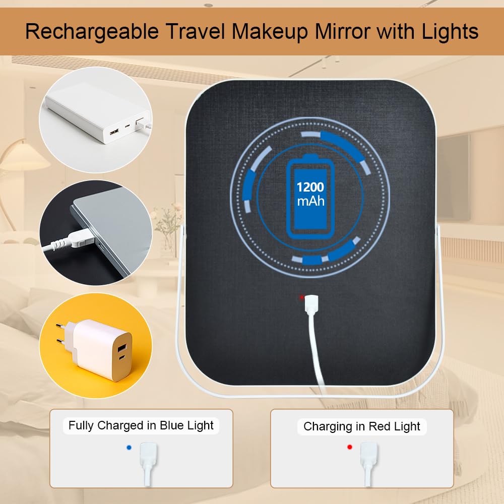 YEKKOPT lighted makeup mirror Type-C rechargeable battery for easy power on the go.