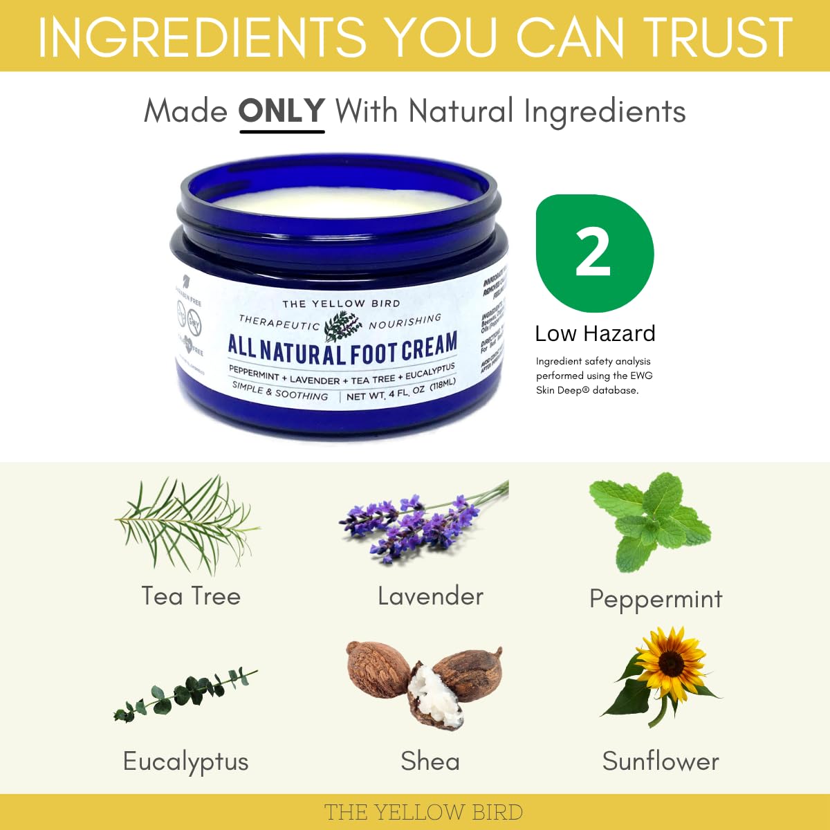 Yellow Bird natural ingredients scene featuring peppermint, tea tree and lavender for soothing support.