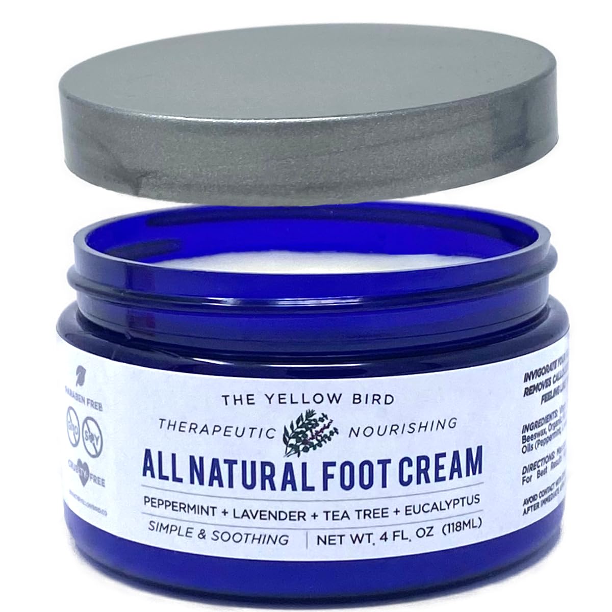 The Yellow Bird Tea Tree Foot Cream bottle highlighting natural hydration for dry feet.