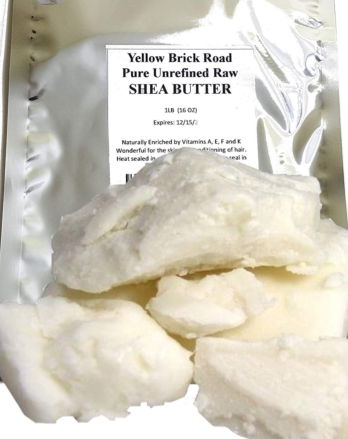 Yellow Brick Road Shea Butter package shows a 1lb block for versatile skincare.