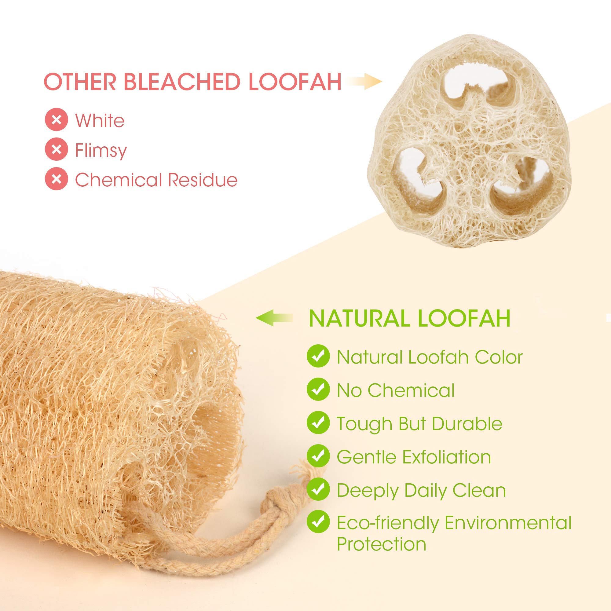 YEMTAL loofah texture close-up highlighting loose weave for gentle scrubbing