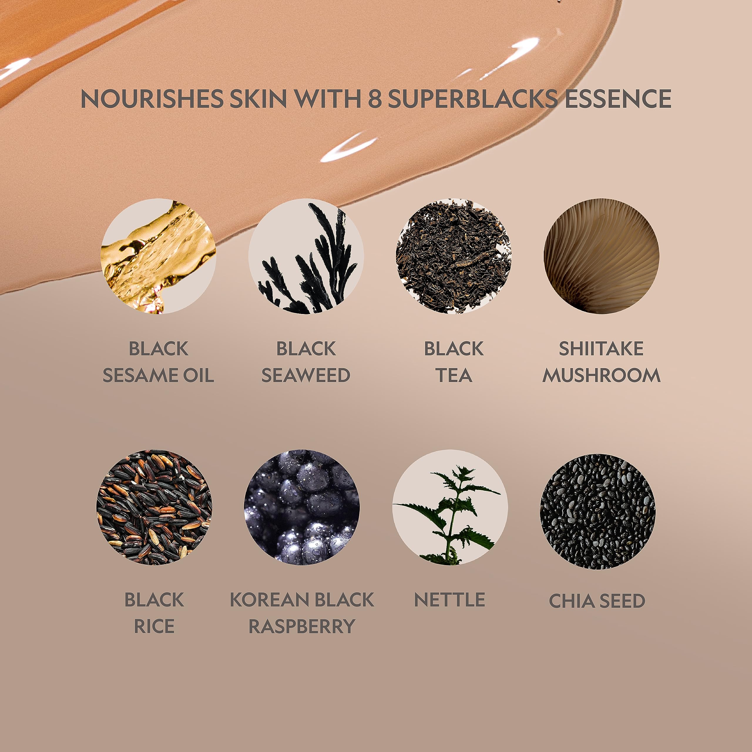 YENSA Serum Foundation Light Medium 1 ingredients graphic — Ferulic acid and Bakuchiol oil for skin vitality.