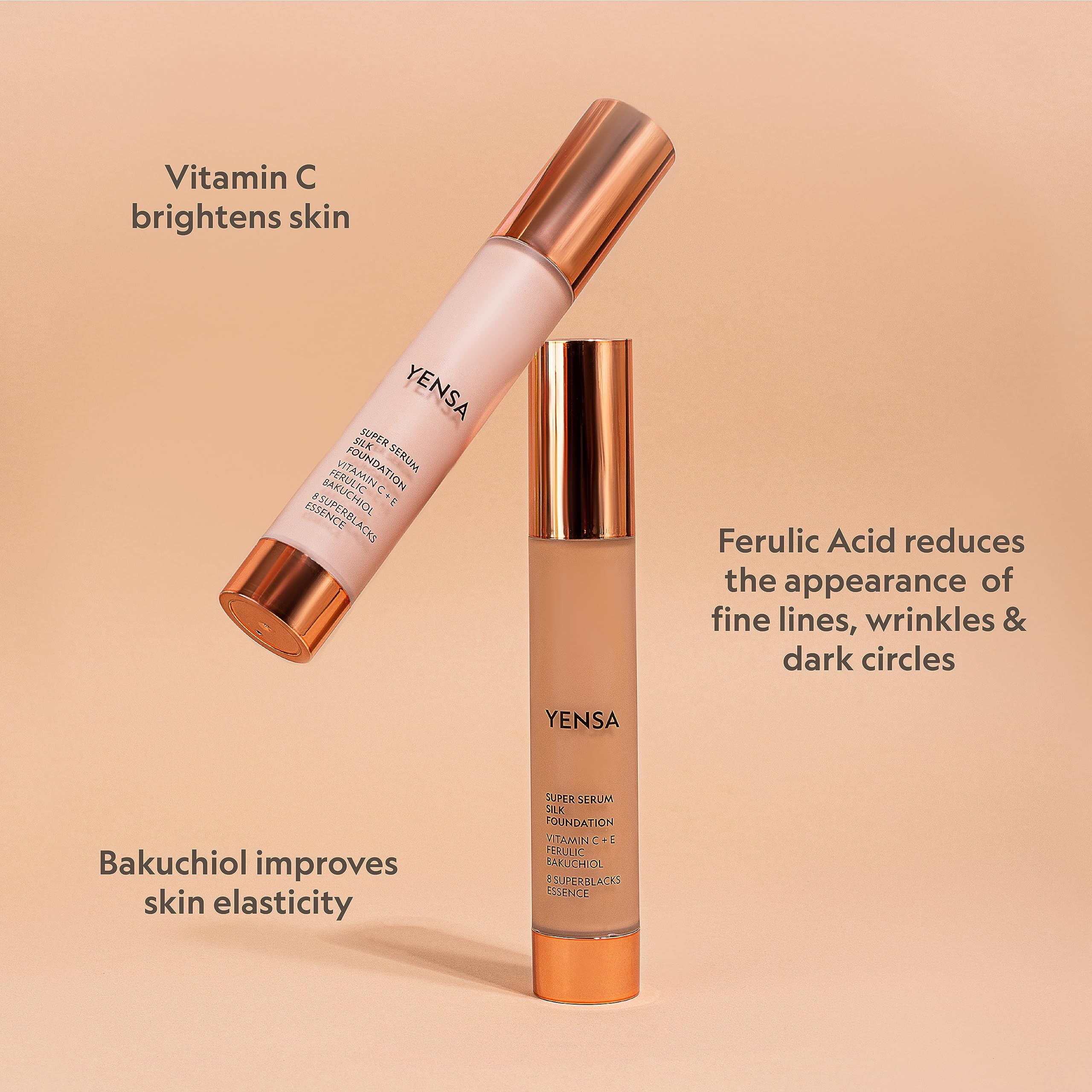 YENSA Serum Foundation Light Medium 1 packaging with ingredients — peptides and Vitamin C support skin vitality.