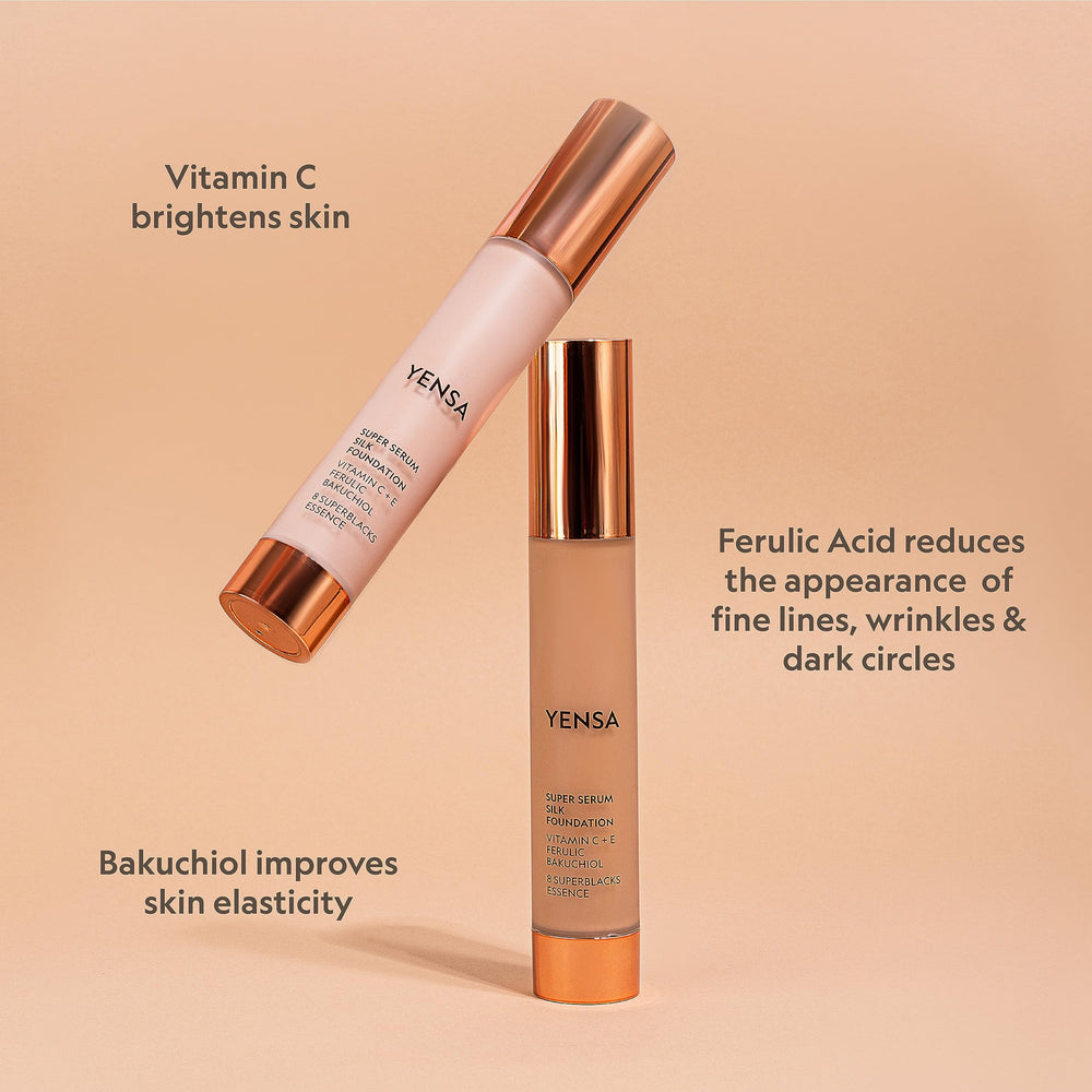 YENSA Serum Foundation Light Medium 1 packaging with ingredients — peptides and Vitamin C support skin vitality.