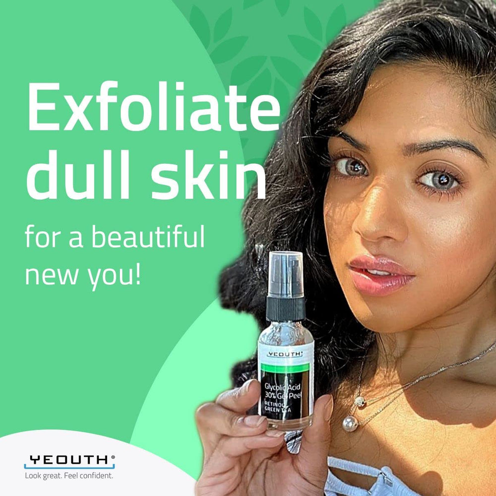 YEOUTH Glycolic Acid Peel on bathroom counter invites monthly exfoliation ritual.