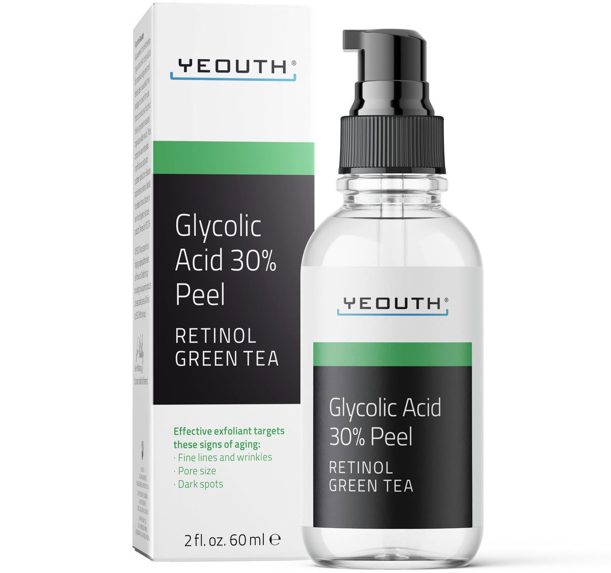 YEOUTH glycolic acid peel bottle closeup for at-home exfoliation and refreshed skin.