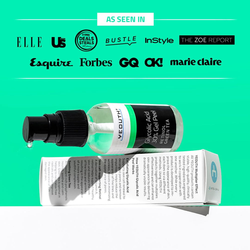YEOUTH Glycolic Acid Peel gel in hand suggesting gentle application for radiant skin.