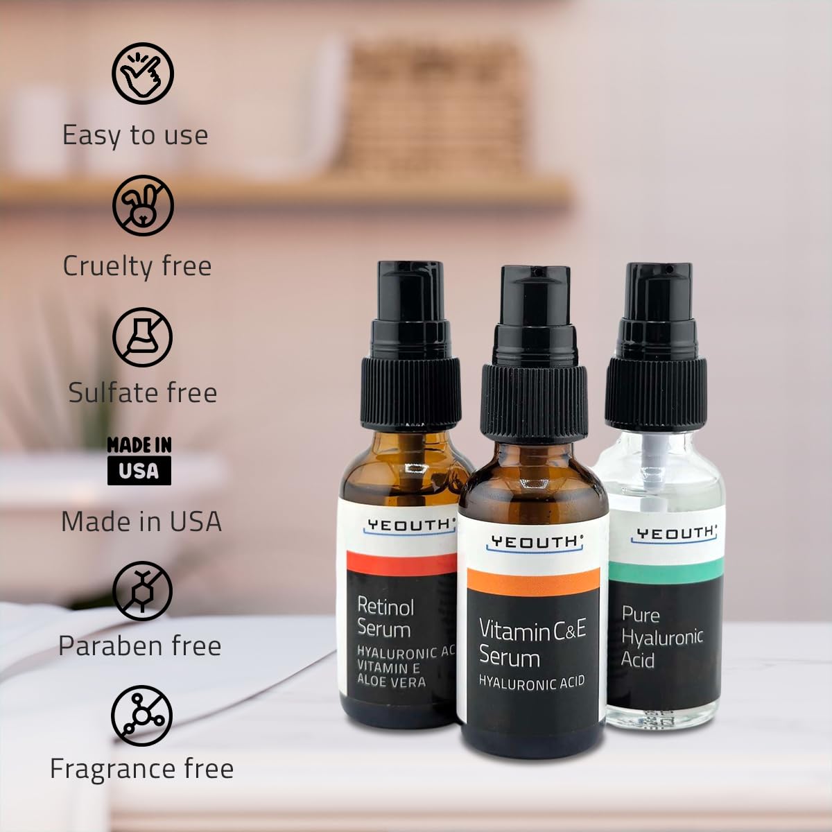 YEOUTH hyaluronic acid serum dropper demonstrates moisture-boosting formula.