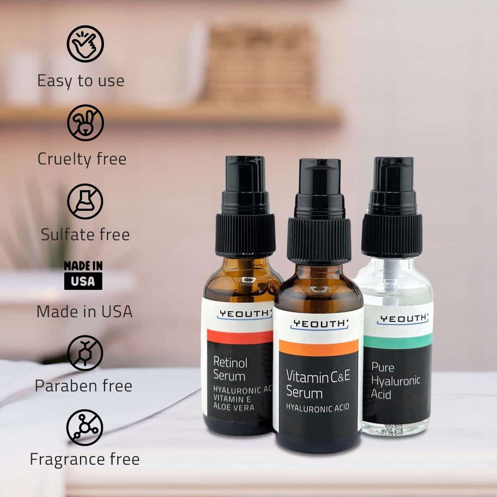 YEOUTH hyaluronic acid serum dropper demonstrates moisture-boosting formula.