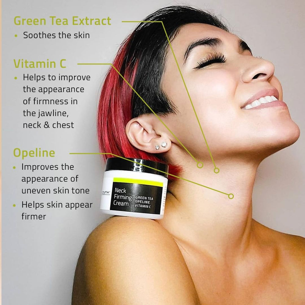 YEOUTH texture-swirl illustrates a lightweight, hydrating formula for smooth skin on chest and neck.
