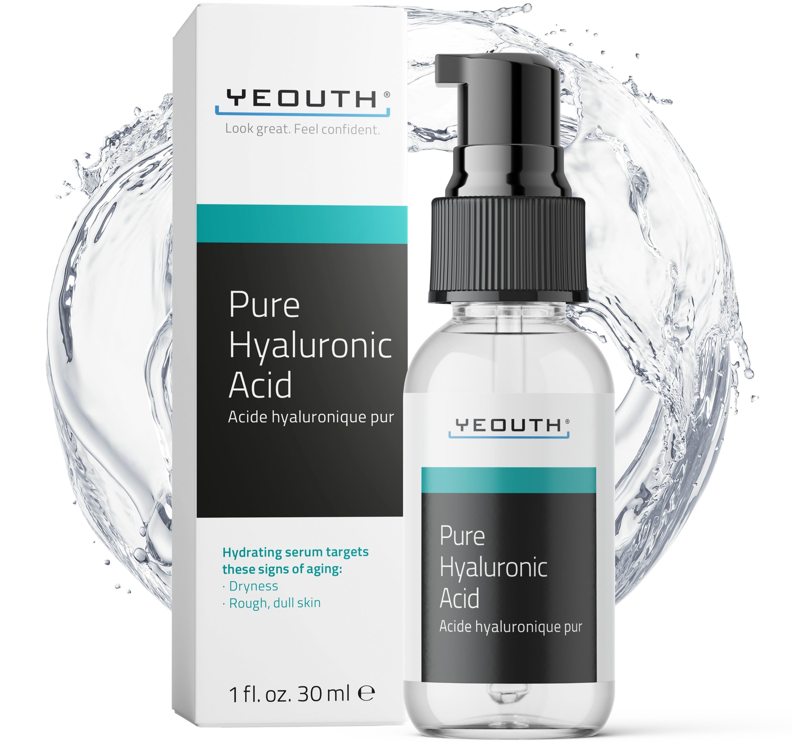 YEOUTH Pure Hyaluronic Acid Serum bottle front highlighting hydration for all skin types.